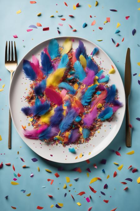 00159-1340126764-_lora_Surreal Plate_1_Surreal Plate - a plate with floating feathers and a cascade of colorful confetti.png